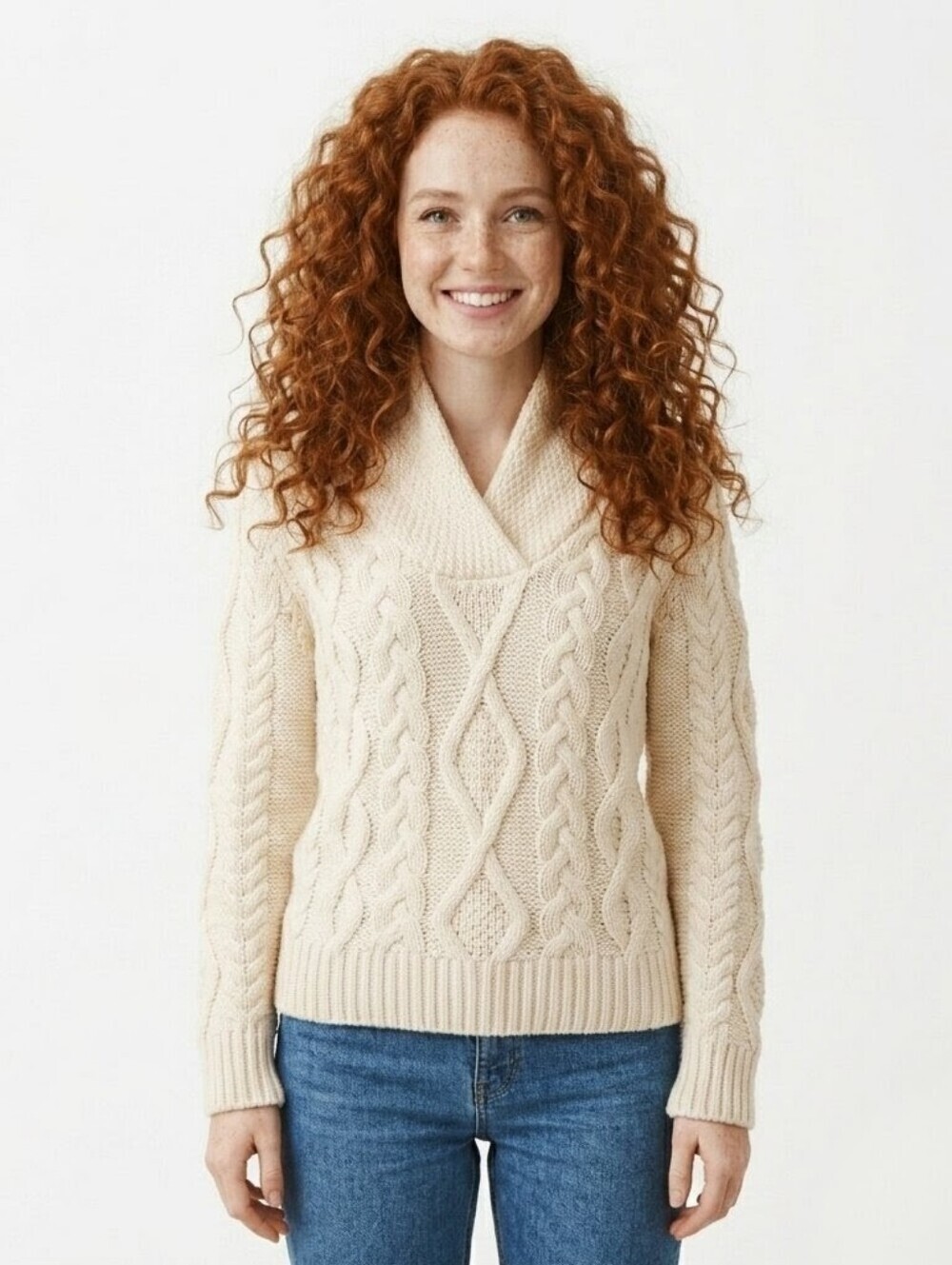 Inis Crafts Cream Wool Cable Knit Sweater - Small